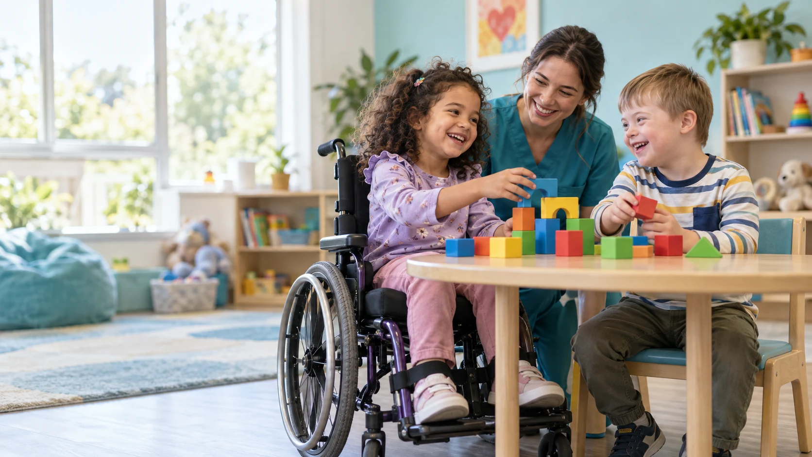Illustrative scene of children, including a girl using a wheelchair, playing with a pediatric caregiver